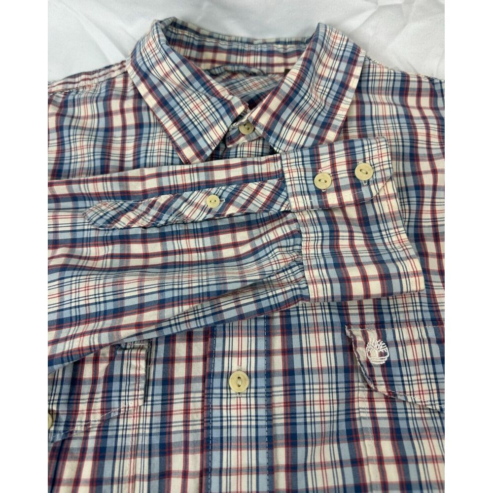 Timberland Mens Shirt L Blue-Red-White Check Button Up Long Sleeve 2  Pockets‎